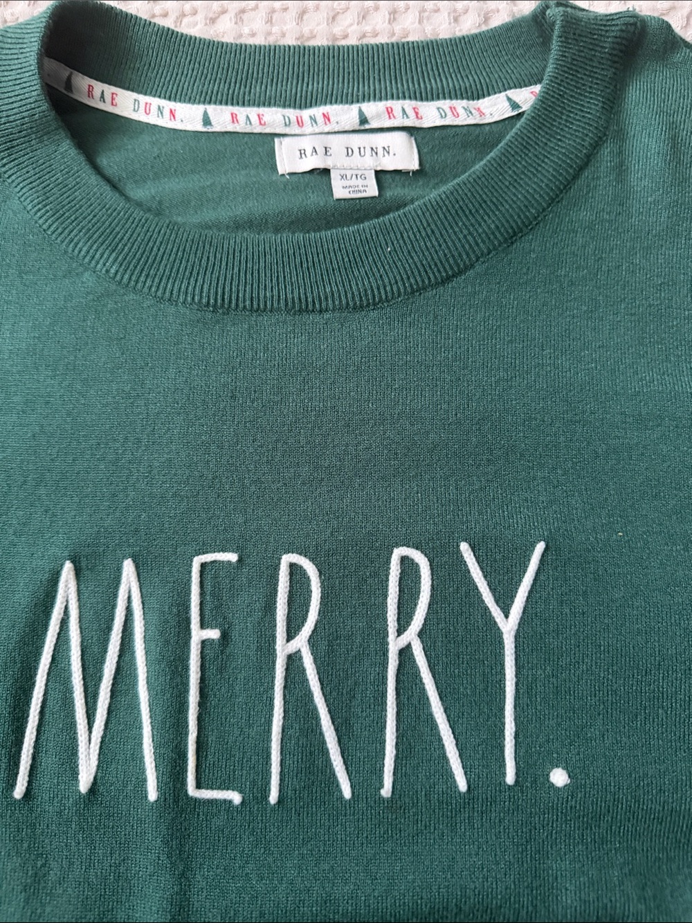 Rae Dunn Green Crewneck Sweater with Raised "MERRY" Embroidery